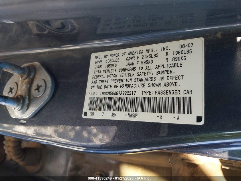 2007 HONDA ACCORD VIN: 1HGCM56467A222217