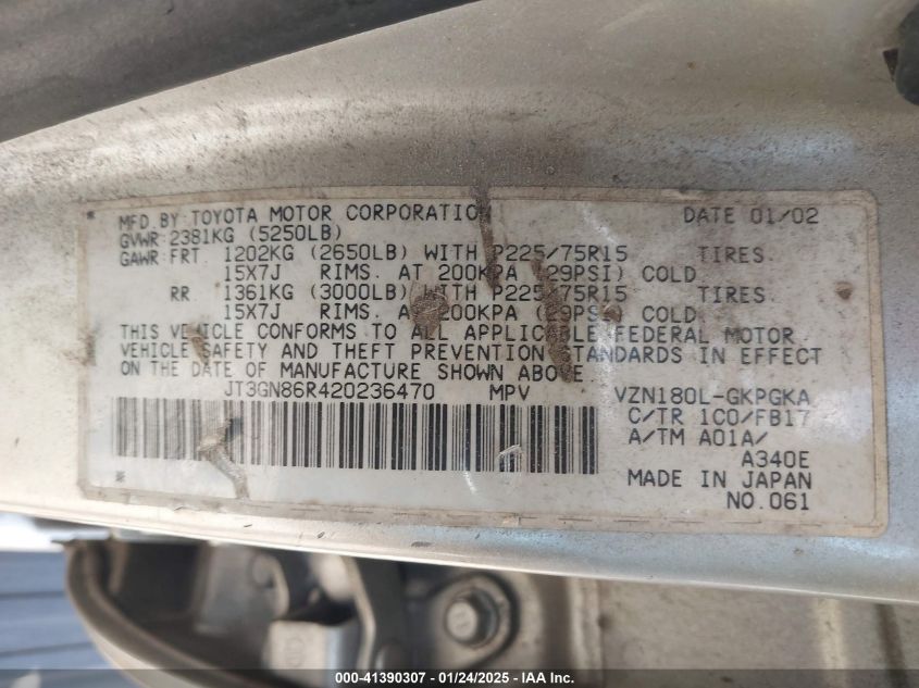 2002 Toyota 4Runner Sr5 VIN: JT3GN86R420236470 Lot: 42240004