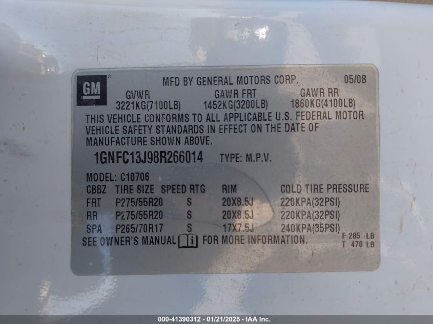 2008 Chevrolet Tahoe Ltz VIN: 1GNFC13J98R266014 Lot: 41390312