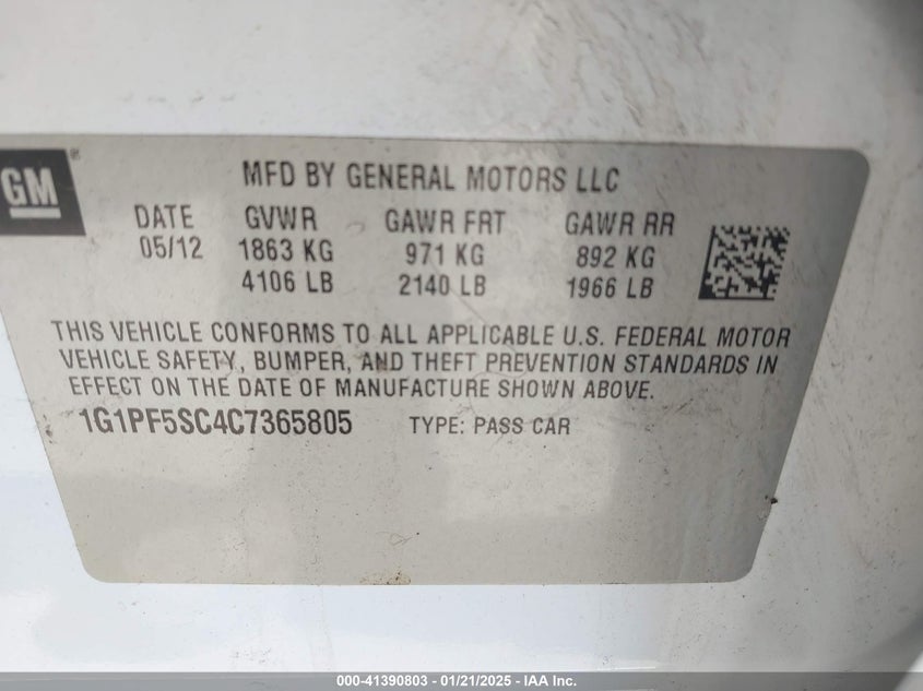 2012 CHEVROLET CRUZE VIN: 1G1PF5SC4C7365805