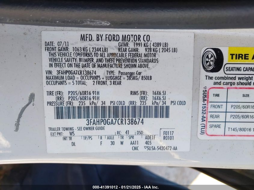 2012 Ford Fusion S VIN: 3FAHP0GA7CR138674 Lot: 41391012