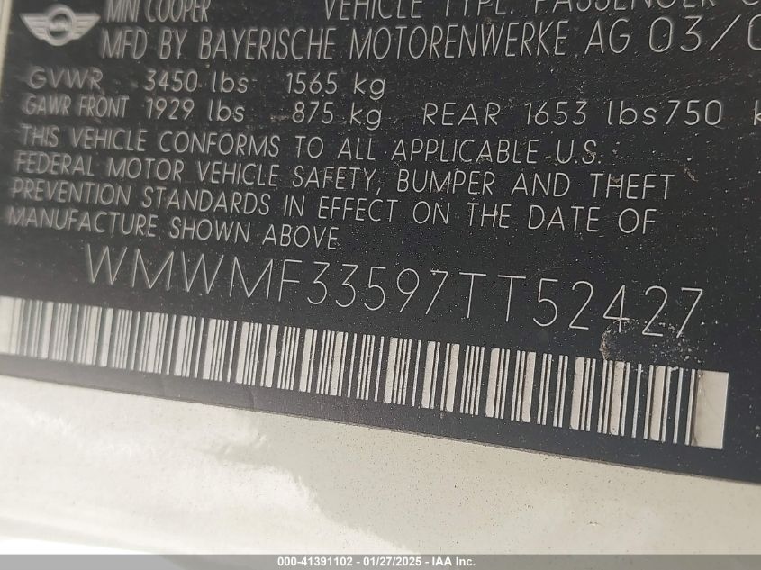 2007 Mini Cooper VIN: WMWMS33597TT52427 Lot: 41391102