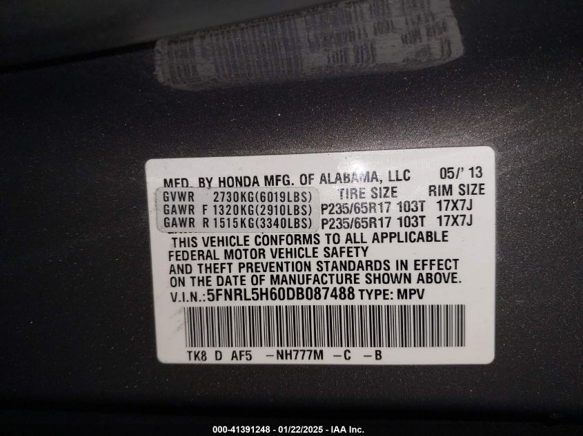 VIN 5FNRL5H60DB087488 2013 Honda Odyssey, Ex-L no.9