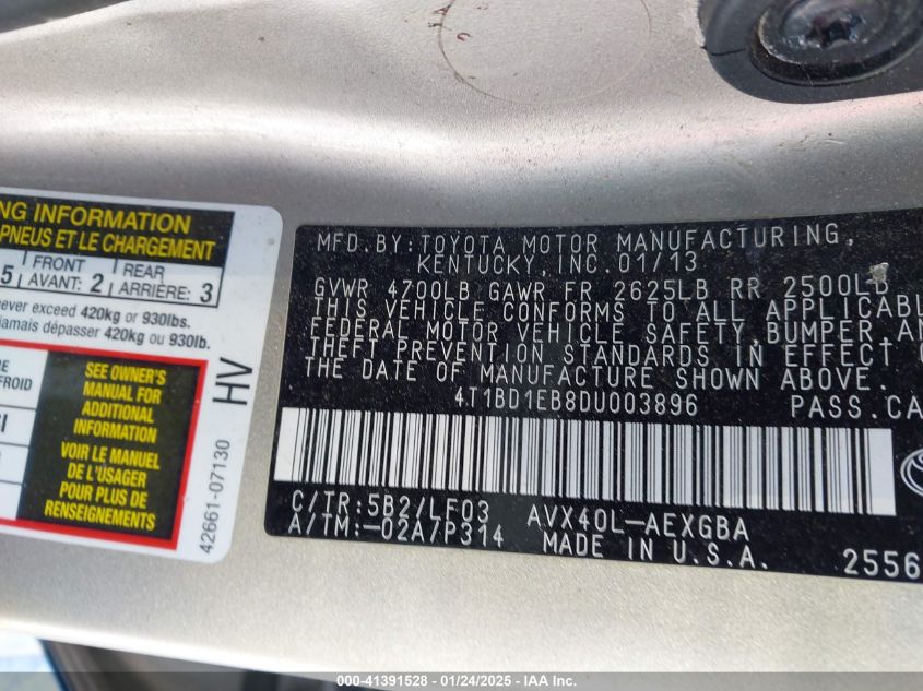 2013 Toyota Avalon Hybrid Xle Premium VIN: 4T1BD1EB8DU003896 Lot: 41391528