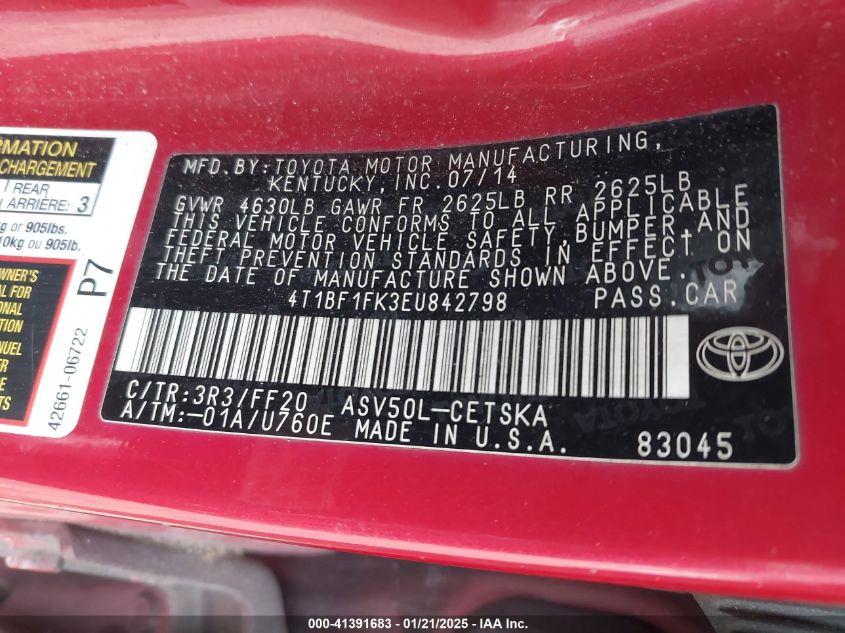 VIN 4T1BF1FK3EU842798 2014 Toyota Camry, SE no.9