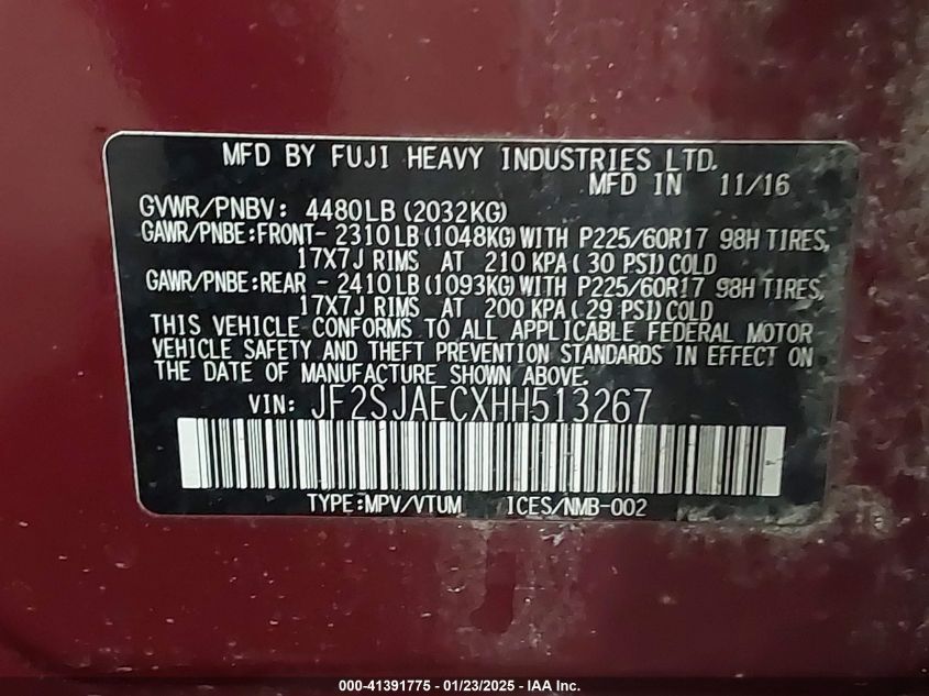 2017 Subaru Forester VIN: JF2SJAEXXHH513267 Lot: 41391775