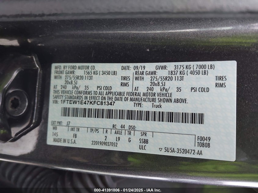 2019 FORD F-150 VIN: 1FTEW1E47KFC81347