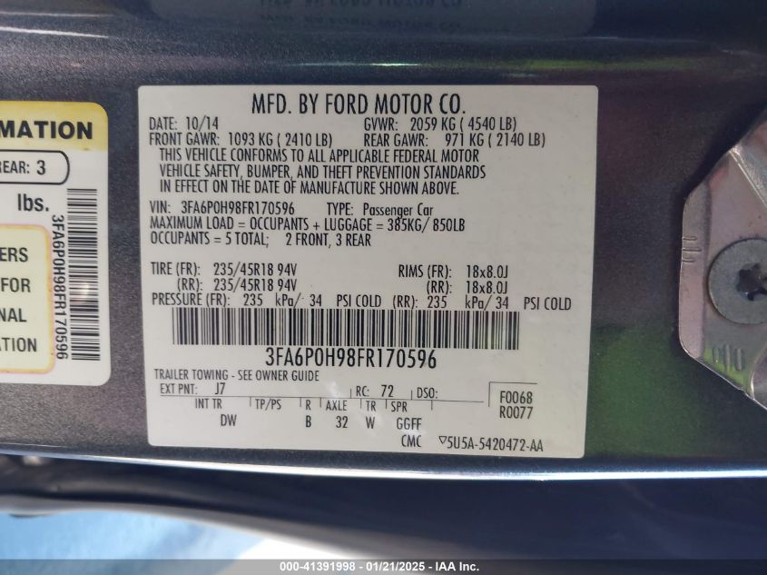 VIN 3FA6P0H98FR170596 2015 Ford Fusion, SE no.9