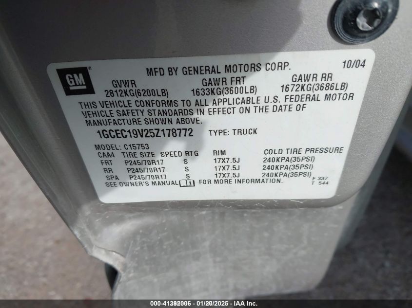 2005 Chevrolet Silverado 1500 Ls VIN: 1GCEC19V25Z178772 Lot: 41392006