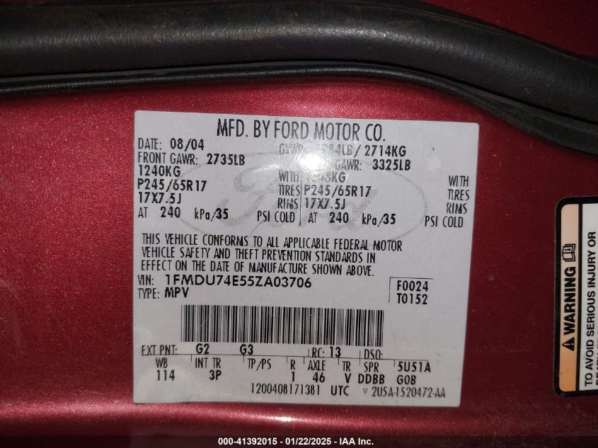 2005 Ford Explorer Eddie Bauer VIN: 1FMDU74E55ZA03706 Lot: 41392015