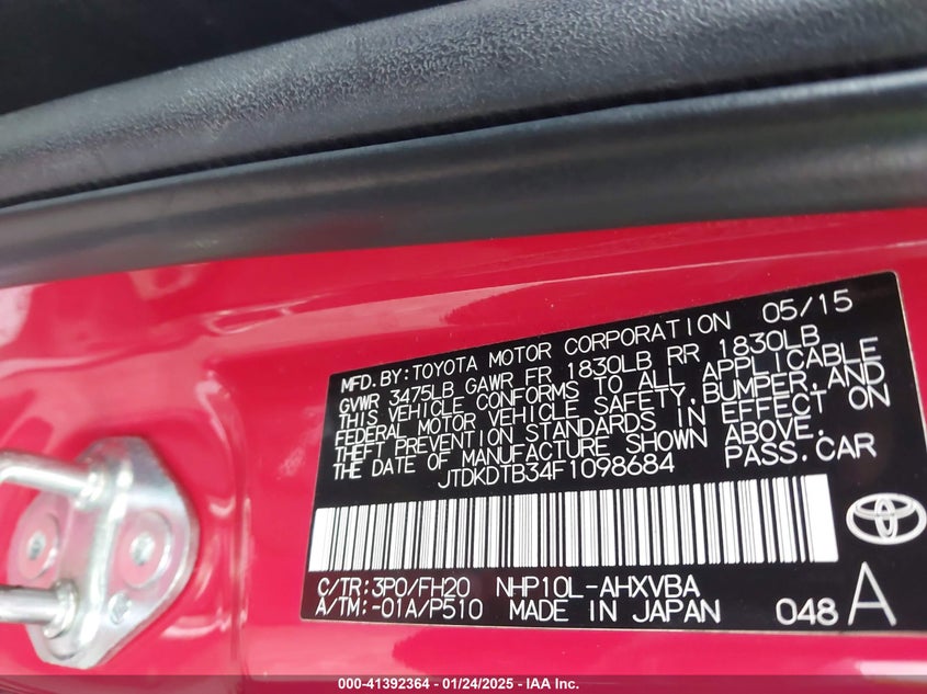 2015 TOYOTA PRIUS C VIN: JTDKDTB34F1098684