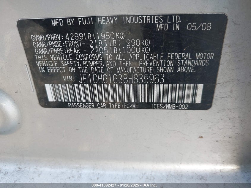 2008 SUBARU IMPREZA VIN: JF1GH61638H835963
