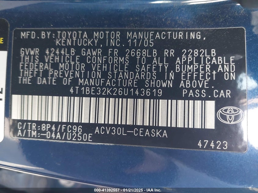 2006 TOYOTA CAMRY VIN: 4T1BE32K26U143619