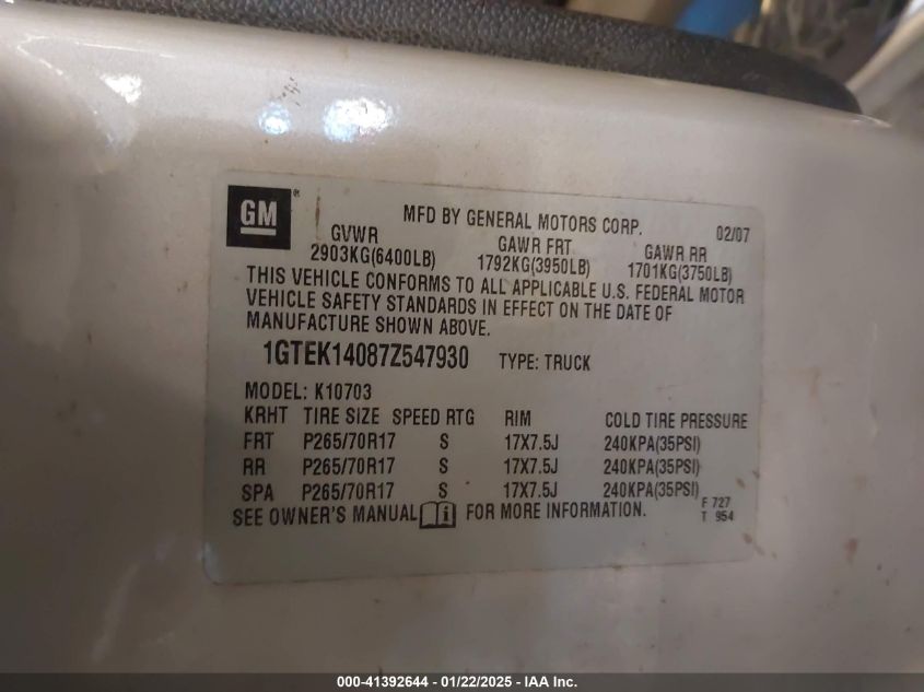 2007 GMC Sierra 1500 Sle1 VIN: 1GTEK14087Z547930 Lot: 42720997