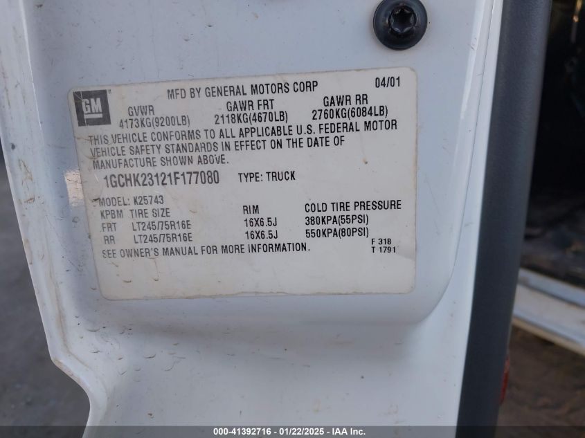 2001 Chevrolet Silverado 2500Hd Lt VIN: 1GCHK23121F177080 Lot: 41392716