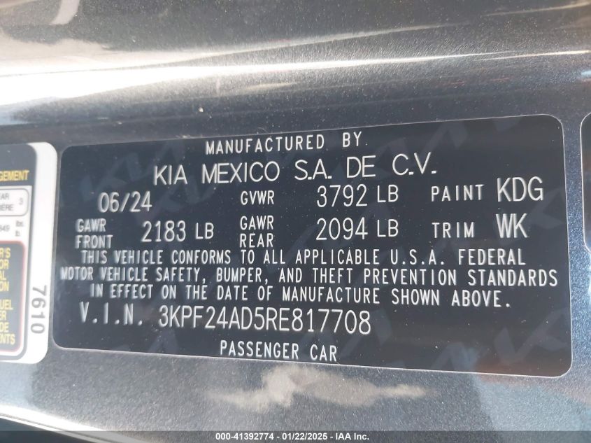 2024 Kia Forte Lxs VIN: 3KPF24AD5RE817708 Lot: 41392774