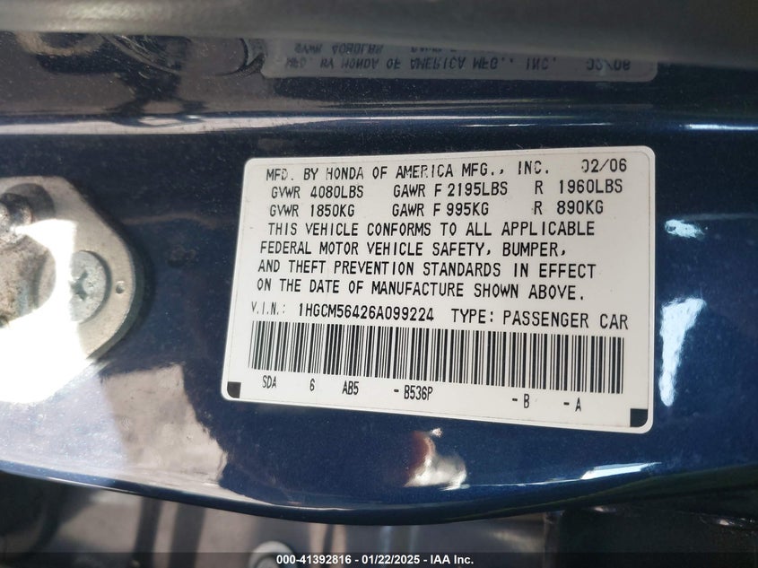 2006 HONDA ACCORD VIN: 1HGCM56426A099224