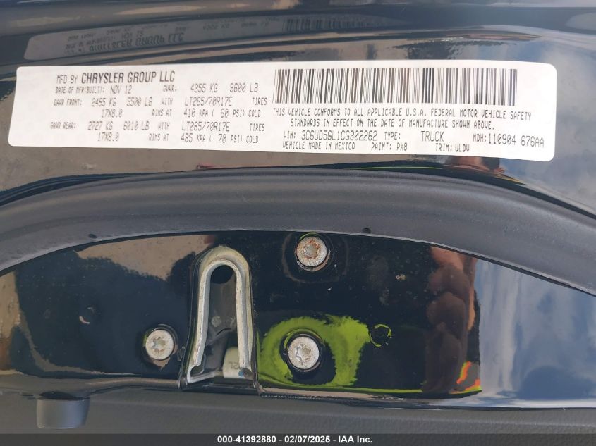 2012 Ram 2500 Laramie Longhorn/Limited Edition VIN: 3C6UD5GL1CG302262 Lot: 41392880