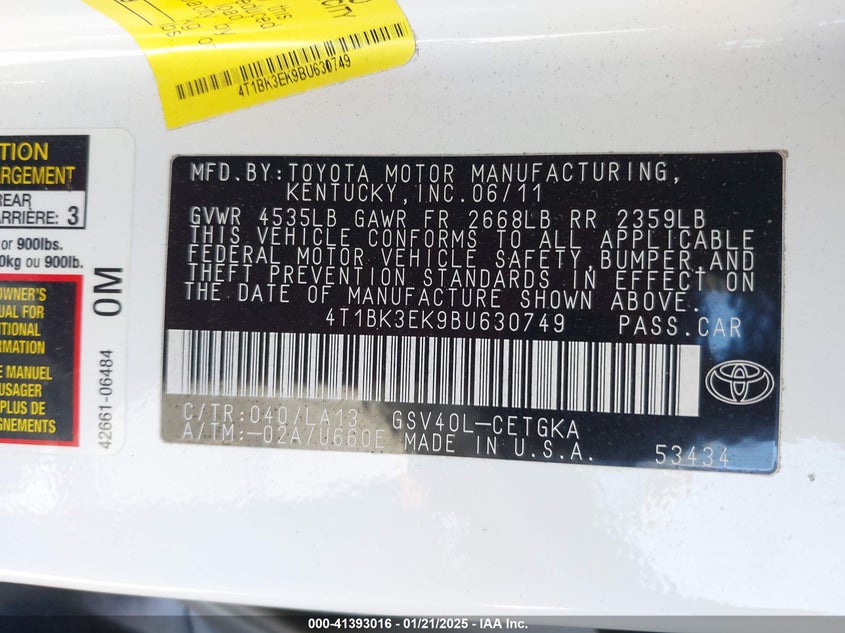 2011 TOYOTA CAMRY VIN: 4T1BK3EK9BU630749