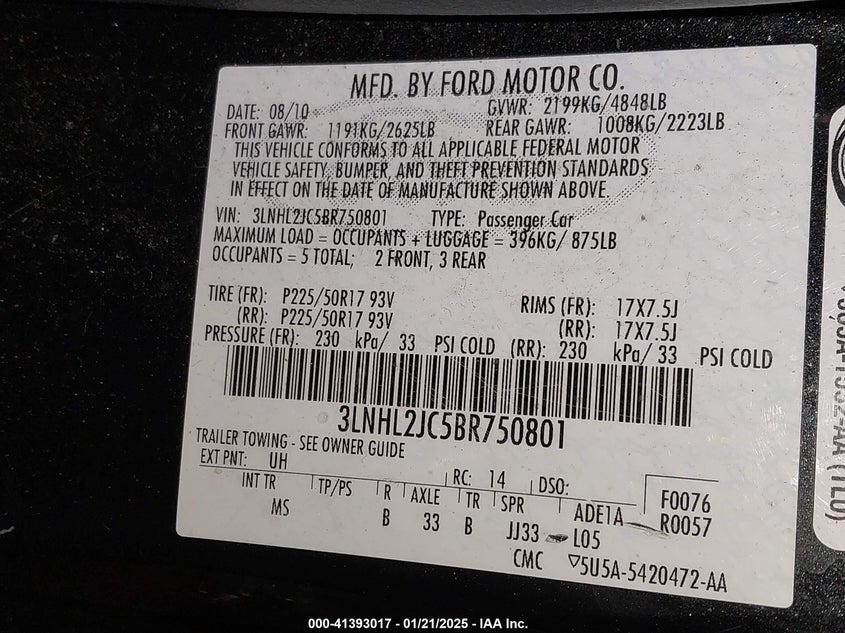2011 LINCOLN MKZ VIN: 3LNHL2JC5BR750801