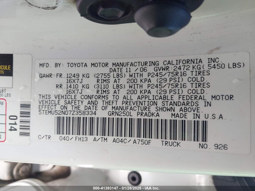 2007 TOYOTA TACOMA VIN: 5TEMU52N07Z358334