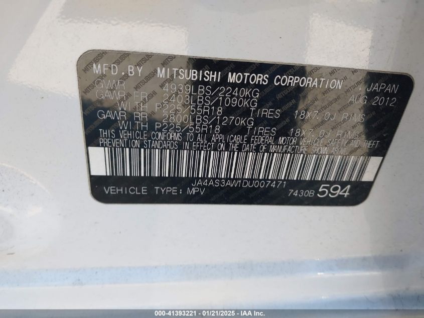 2013 Mitsubishi Outlander Se VIN: JA4AS3AW1DU007471 Lot: 41393221