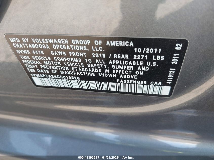 2012 Volkswagen Passat 2.5L S VIN: 1VWAP7A34CC019328 Lot: 41393247
