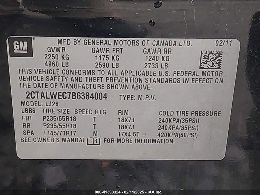 2011 GMC Terrain Slt-2 VIN: 2CTALWEC7B6384004 Lot: 41393324