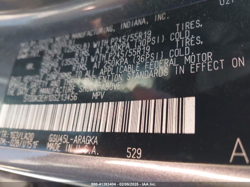 2013 Toyota Highlander Limited VIN: 5TDDK3EH1DS213456 Lot: 41393404