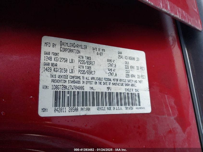 2007 Dodge Nitro Sxt VIN: 1D8GT28K27W704006 Lot: 41393482