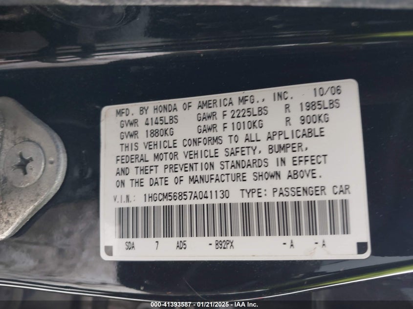 2007 HONDA ACCORD VIN: 1HGCM56857A041130