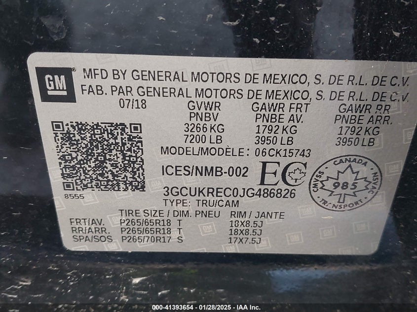 2018 CHEVROLET SILVERADO VIN: 3GCUKREC0JG486826