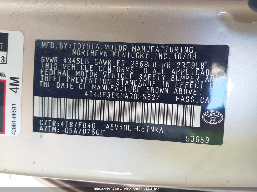 2010 TOYOTA CAMRY VIN: 4T4BF3EK0AR055627
