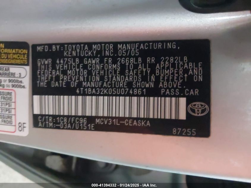 2005 Toyota Camry Se V6 VIN: 4T1BA32K05U074861 Lot: 41394332