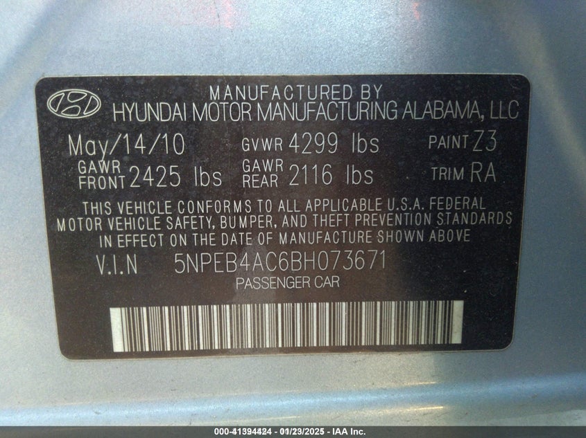 2011 Hyundai Sonata Gls VIN: 5NPEB4AC6BH073671 Lot: 41394424