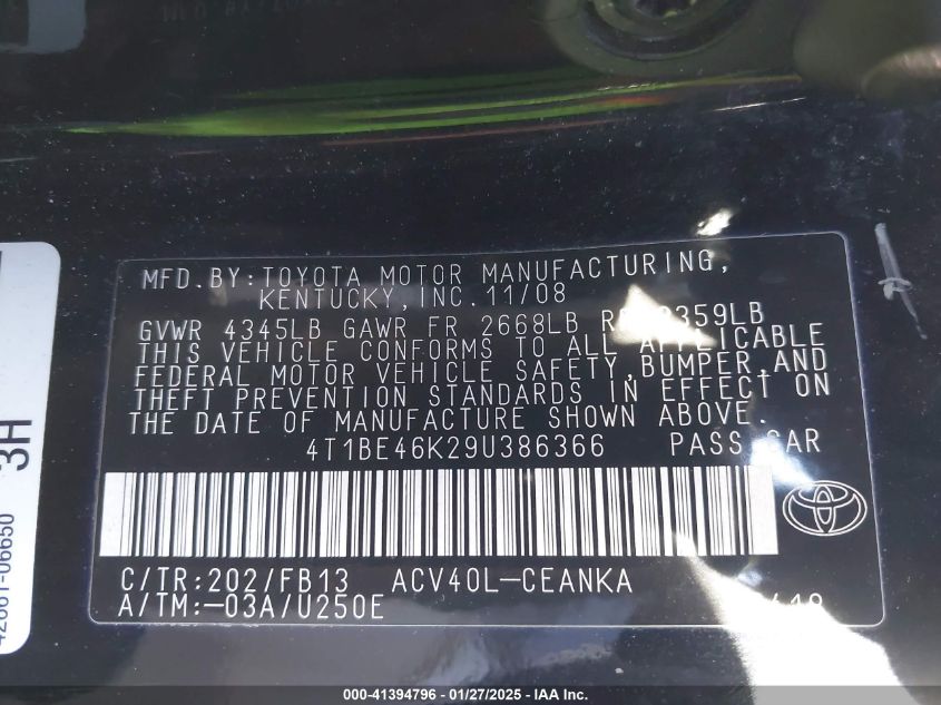 2009 Toyota Camry VIN: 441BE46K29U386366 Lot: 41394796