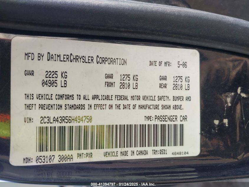 2006 Chrysler 300 VIN: 2C3LA43R56H494750 Lot: 41394797