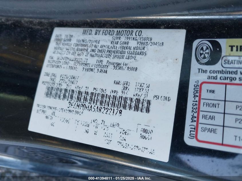 2010 Ford Fusion Se VIN: 3FAHP0HA5AR222178 Lot: 41394811