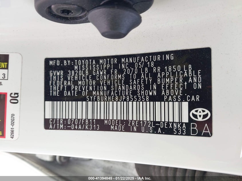 2018 TOYOTA COROLLA VIN: 5YFBURHE8JP855358