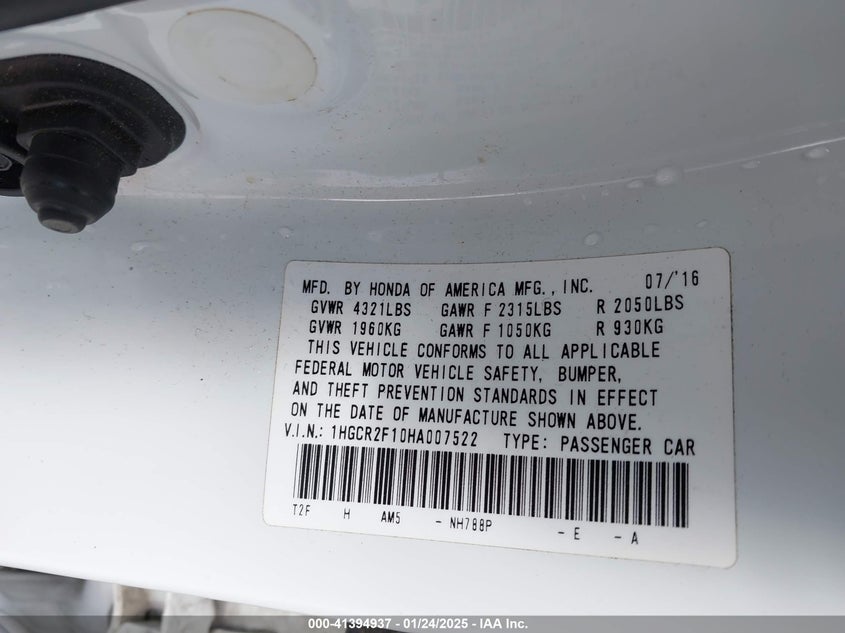 2017 HONDA ACCORD VIN: 1HGCR2F10HA007522
