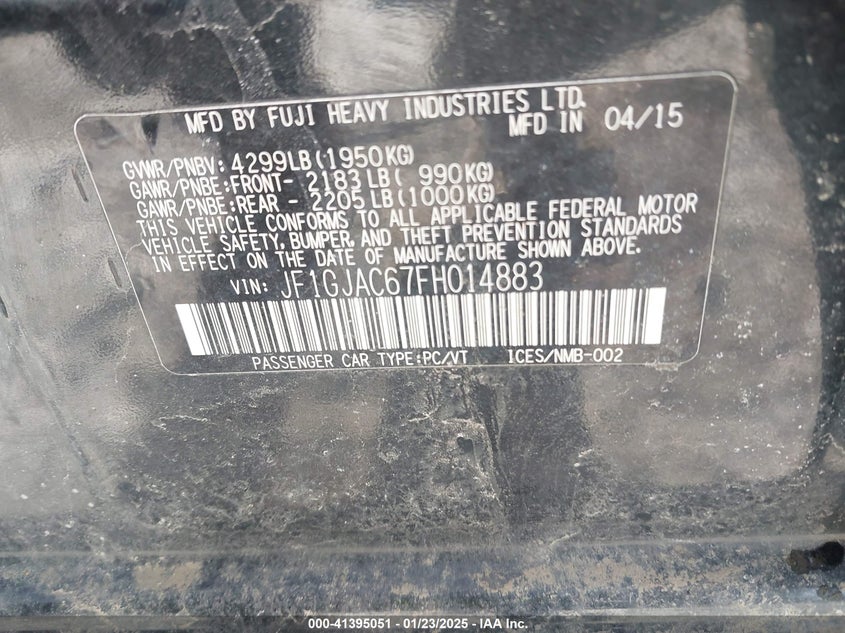 2015 SUBARU IMPREZA 2.0I PREMIUM - JF1GJAC67FH014883