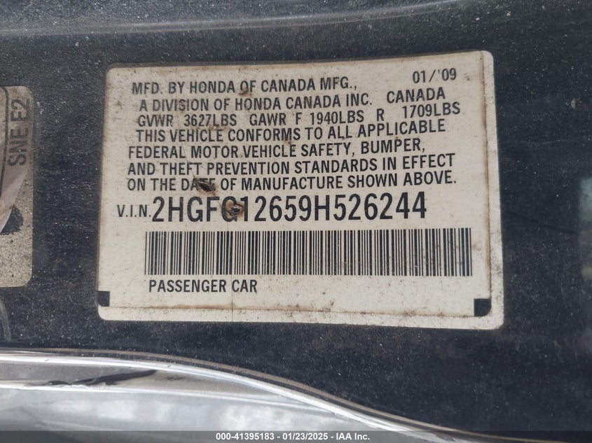 2009 HONDA CIVIC VIN: 2HGFG12659H526244