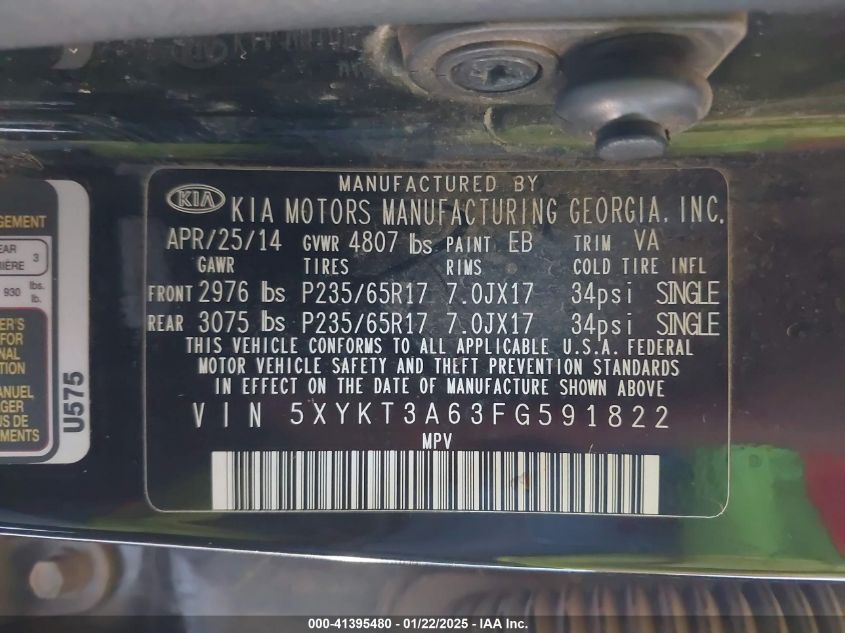 VIN 5XYKT3A63FG591822 2015 KIA SORENTO no.9