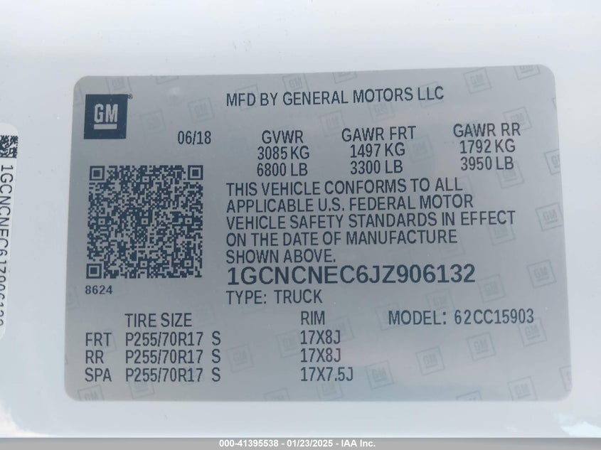 2018 CHEVROLET SILVERADO VIN: 1GCNCNEC6JZ906132