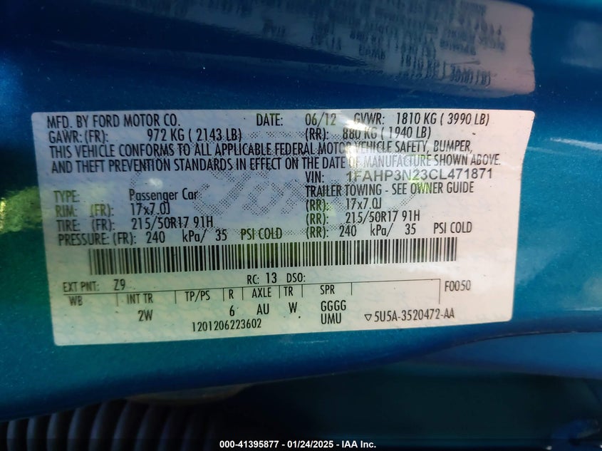 2012 FORD FOCUS VIN: 1FAHP3N23CL471871