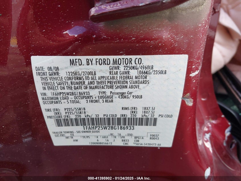2008 FORD TAURUS VIN: 1FAHP25W28G186933