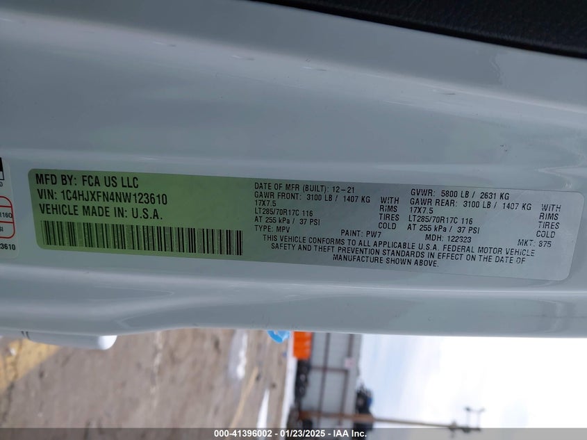 2022 JEEP WRANGLER UNLIMITED VIN: 1C4HJXFN4NW123610
