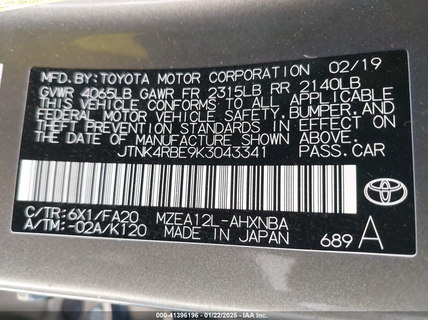 2019 TOYOTA COROLLA VIN: JTNK4RBE9K3043341