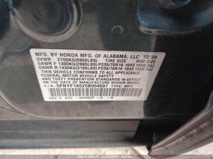 2005 Honda Pilot Ex-L VIN: 5FNYF18525B004597 Lot: 41396270