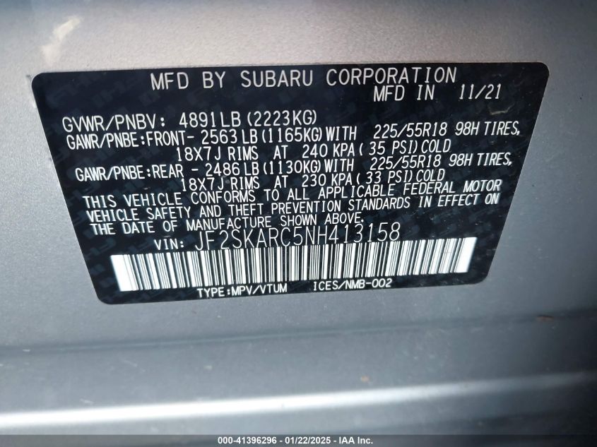 VIN JF2SKARC5NH413158 2022 Subaru Forester, Touring no.9